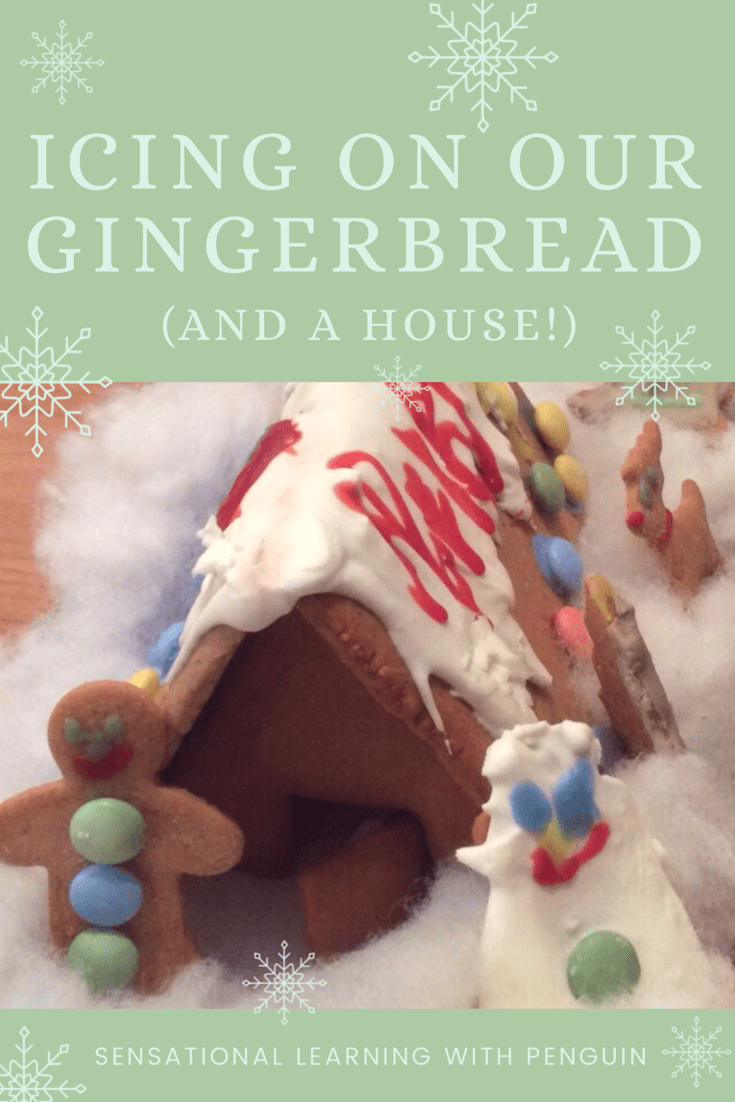 Icing on our gingerbread cookies, and a house! A fun advent activity, which also involves fine motor skills, pincer grasp, hand strength, sensory messy ’play’ and basic numeracy. Join us at sensationallearningwithpenguin.com for more activities!