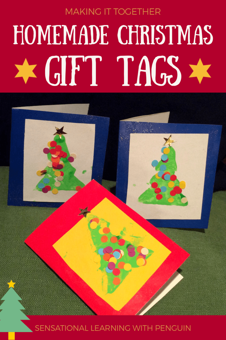 Homemade Christmas Gift Tags with Potato Print Trees. Great for Motor Skills practice, Hand Strength, Scissor Skills, Pincer Grasp etc. #KidsCrafts #ChristmasCraft sensationallearningwithpenguin.com