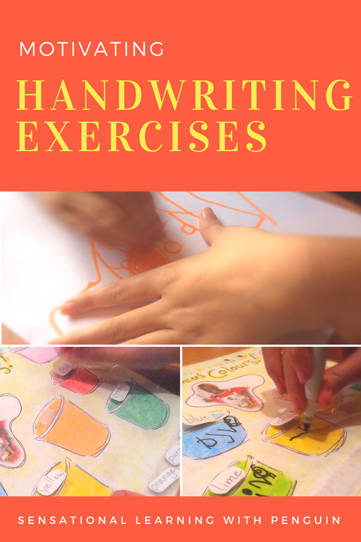 Motivating Handwriting Exercises - Sensational Learning with Penguin #NationalHandwritingDay How to use special interests to motivate special learners! 2 examples for fine motor skills, litteracy, colours and handwriting.