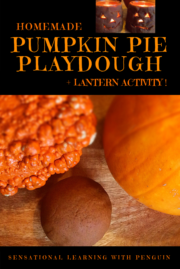 Homemade Pumpkin Pie Playdough + Lantern Activity! Multisensory Halloween Fun from sensationallearningwithpenguin.com #sensoryplay #DIYdecorations #Jack-O-Lantern