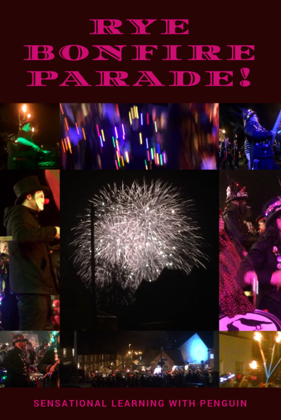 The Bonfire Procession in Rye is one of many Fantastic Bonfire Parades in Sussex every Autumn! A Multisensory Celebration, with Torches, Dragons, Costumes, Drums, Fireworks & more! http://sensationallearningwithpenguin.com