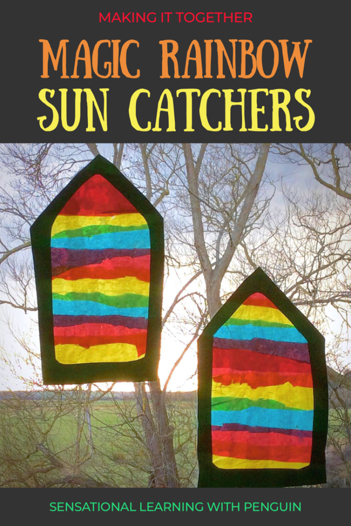 Magic Rainbow Suncatcher Craft - We made these Waldorf inspired Window Transparencies using Tissue Paper in 3 Primary Colours. A Project involving Fine Motor Skills, Hand-Eye Coordination, Scissor Skills, Colour Theory - and fun! http://sensationallearningwithpenguin.com