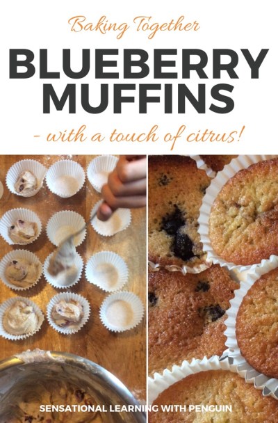Homebaked Blueberry Muffins with a Touch of Citrus! Baking Together is a great Sensory Learning Activity, helping to build Independence, Life Skills etc in Kids. These skills are important for our boy who's Autistic and has Developmental Delays and Learning Differences. For more Recipes, Learning Activities etc, visit us at http://sensationallearningwithpenguin.com #bakingwithkids #blueberrymuffins #autism #homeschooling