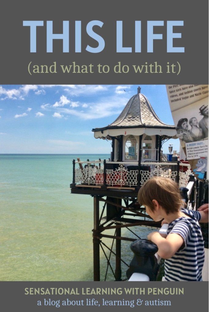 Text: "This Life (And What To Do With It)" above a photo of a boy on a pier, on a beautiful day, looking down at the clear water. Below the image is the text: "Sensational Learning With Penguin - A Blog About Life, Learning And Autism"